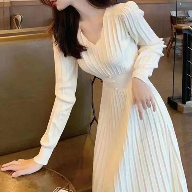 2025 New Korean Chic High Waist Long Dress Women Elegant Streetwear Knitted Maxi Dress Solid V-Neck Sweater Dress Party Vestidos