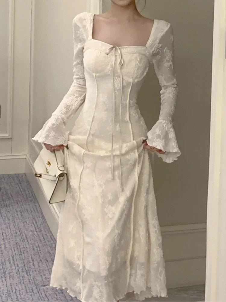 Women Fashion Elegant Casual Midi Dress Spring Vintage Chic A-Line Solid Party Birthday Vestidos Female Clothes Long Robe Mujers