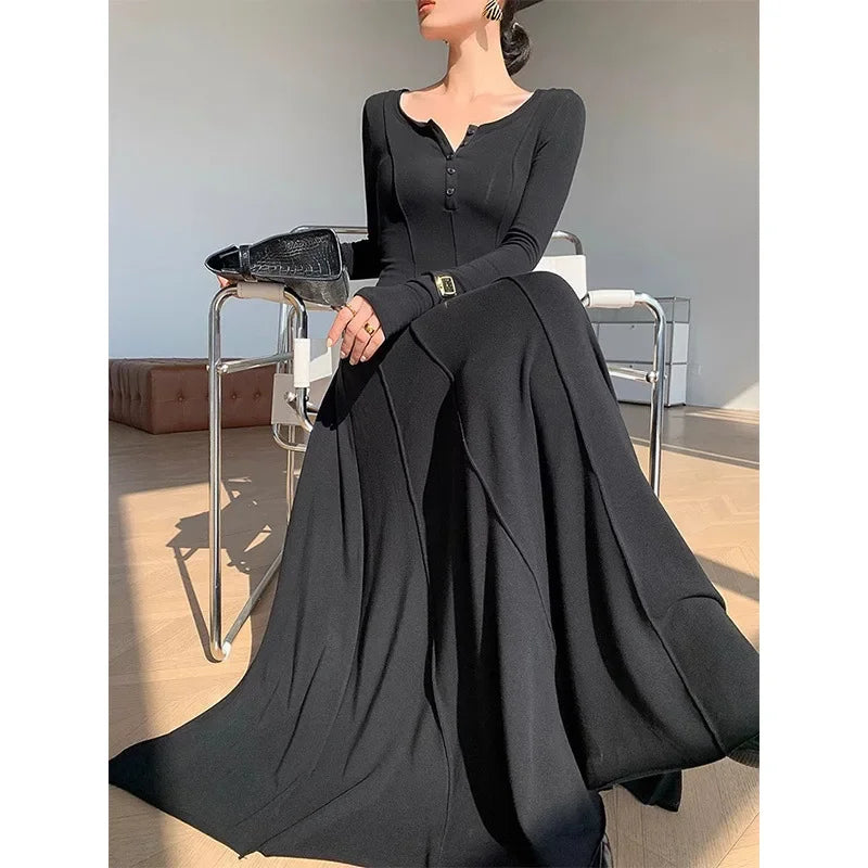Black Fashion Long Sleeve Knitted Dress Women's Slim Fit Maxi Skirt Autumn New Style Elegant Draped Gown Full Length Dress