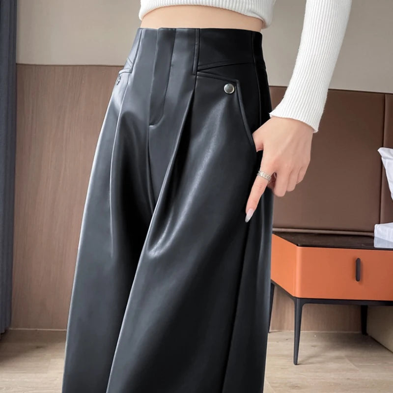 2025 New Autumn Winter Vintage High Waist Women's Black PU Leather Wide-Leg Pants Pockets Casual Loose Floor-Length Pants Female