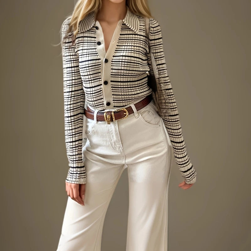 New Women's Striped Knitted Long-sleeved Lapel Single-breasted Sweater Casual Retro Long-sleeved Cardigan Fashion Top