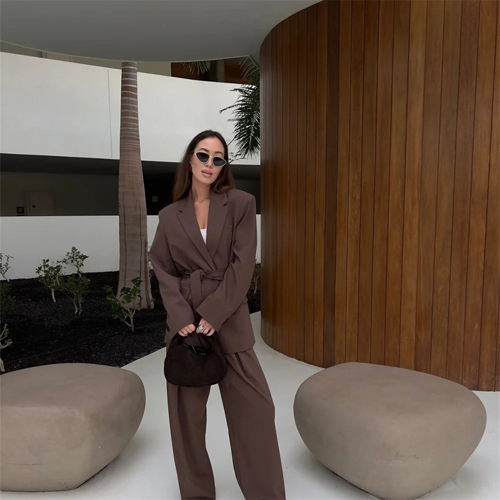 2025 new women's clothing European and American style casual elegant design with belt straight tube suit jacket&pants set