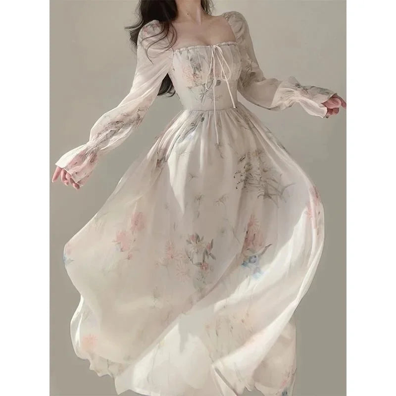 Sweet Floral Chiffon Dress Women's New Hot Sale Of The Season Elegant French Style Gentle Slimming Long Dress Ankle-Length Squar
