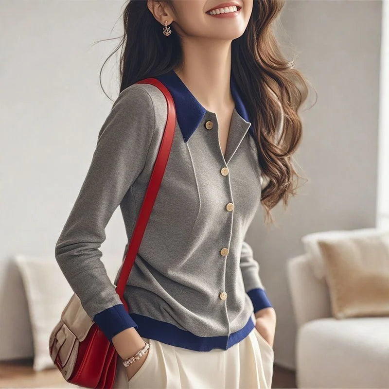 Grey Patchwork Knit Sweater Women Autumn Single Breasted Long Sleeve Top Elegant Coat