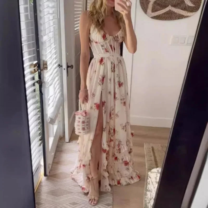Beach Vacation Floral Print Wrap Chest Dress Long Ankle Skirt One Shoulder Design Empire Waistline China Made Women's Dress
