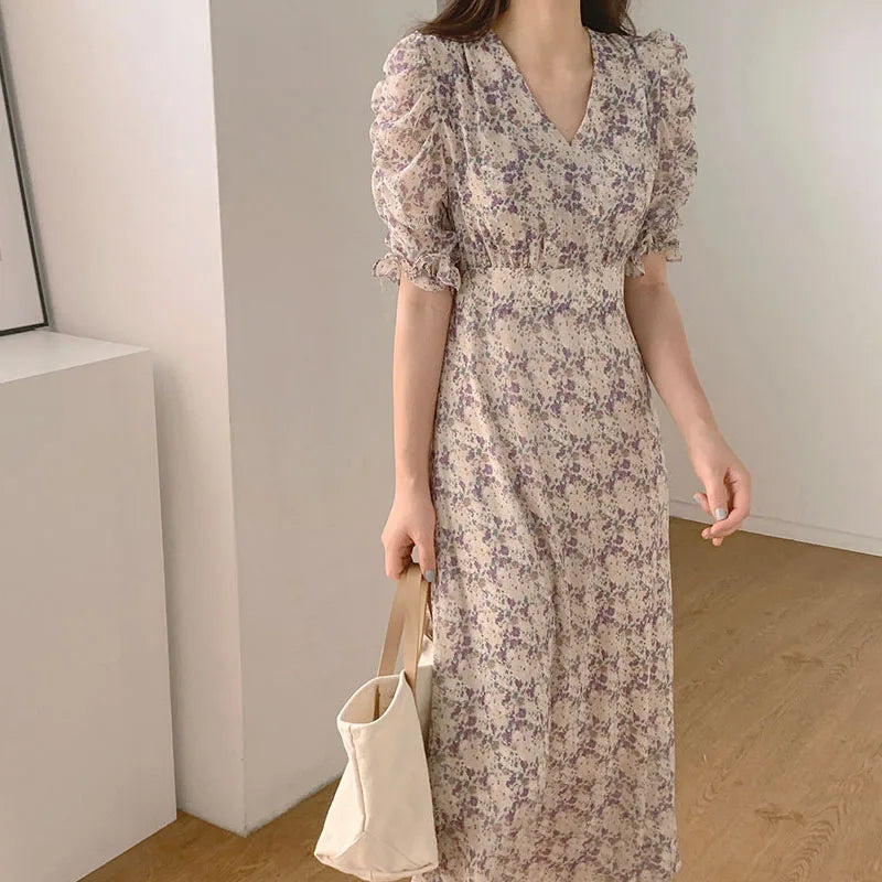 New Fashion Chiffon Floral Long Dress Women 2024 Office Lady Summer Short Sleeve Evening Party Dresses Printing V Neck Robe 9813