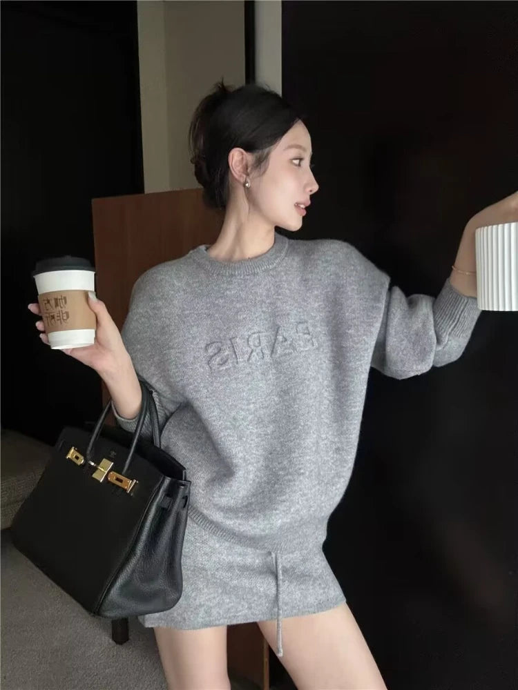Autumn Winter New Lazy Style Loose Long Sleeve Pullover Knitted Sweater Sweatshirt Half Skirt Bodycon Short Skirt Set for Women