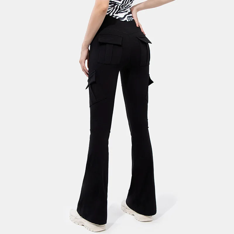 New Women Casual Bootleg Yoga Pants Plus Size Workout Flare Leggings High Waist dungarees  Pants with Pockets Sports Wear