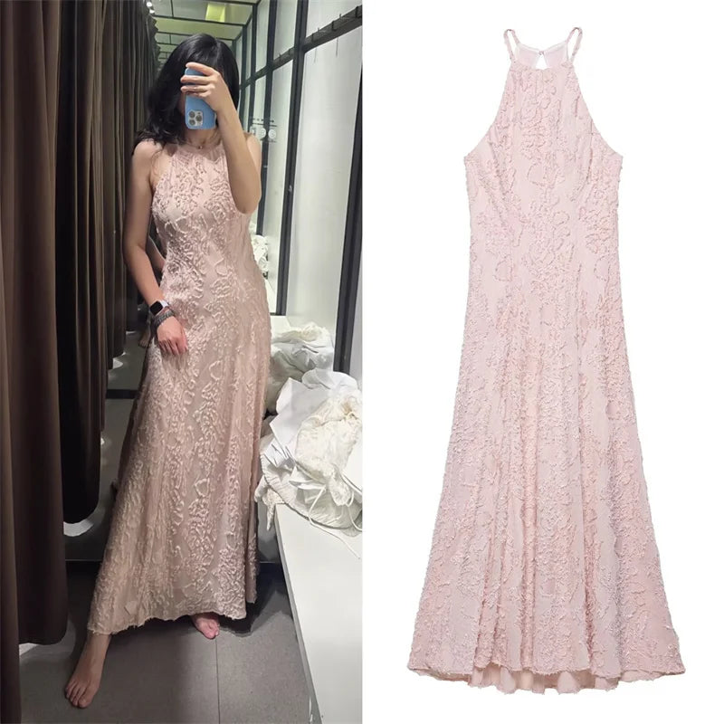 Women's Dress New Summer 2025 Pink Halterneck Design Maxi Dress Sexy Slim A Pendulum Slim Personality Flower Decoration