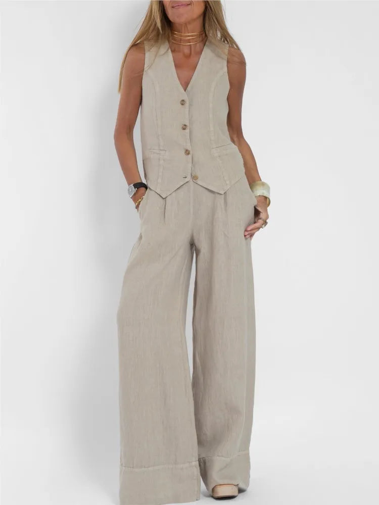 Women Fashion Solid V-neck Sleeveless Two Piece Sets New Spring Summer Button Vest Top & Wide Leg Pants Office Casual Outfits