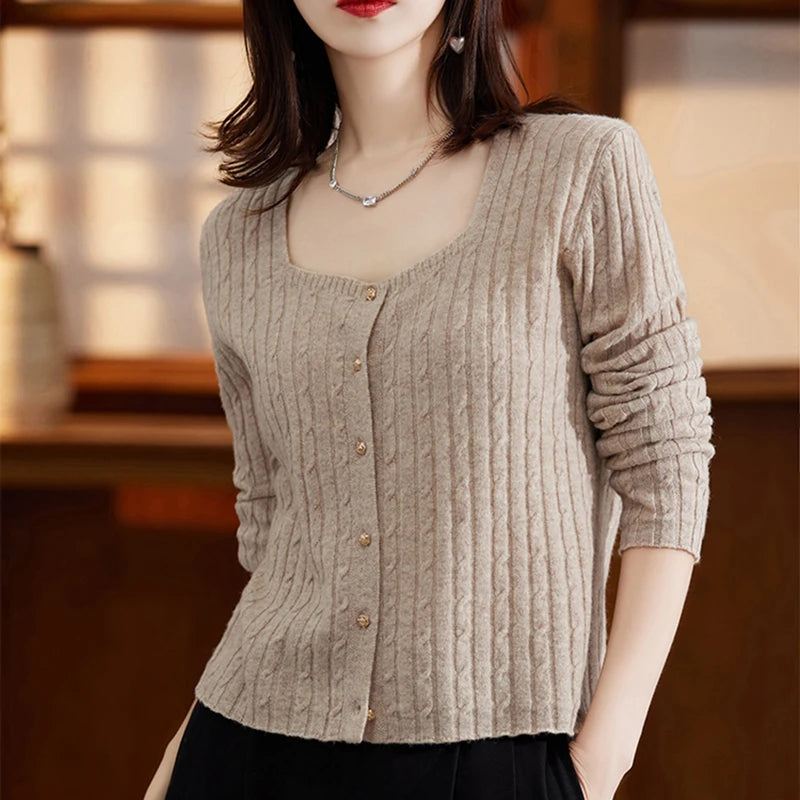 Autumn Winter Women Long Sleeve Knitwear Tops Single Breasted Sweater Square Collar Office Lady Knitted Cardigan