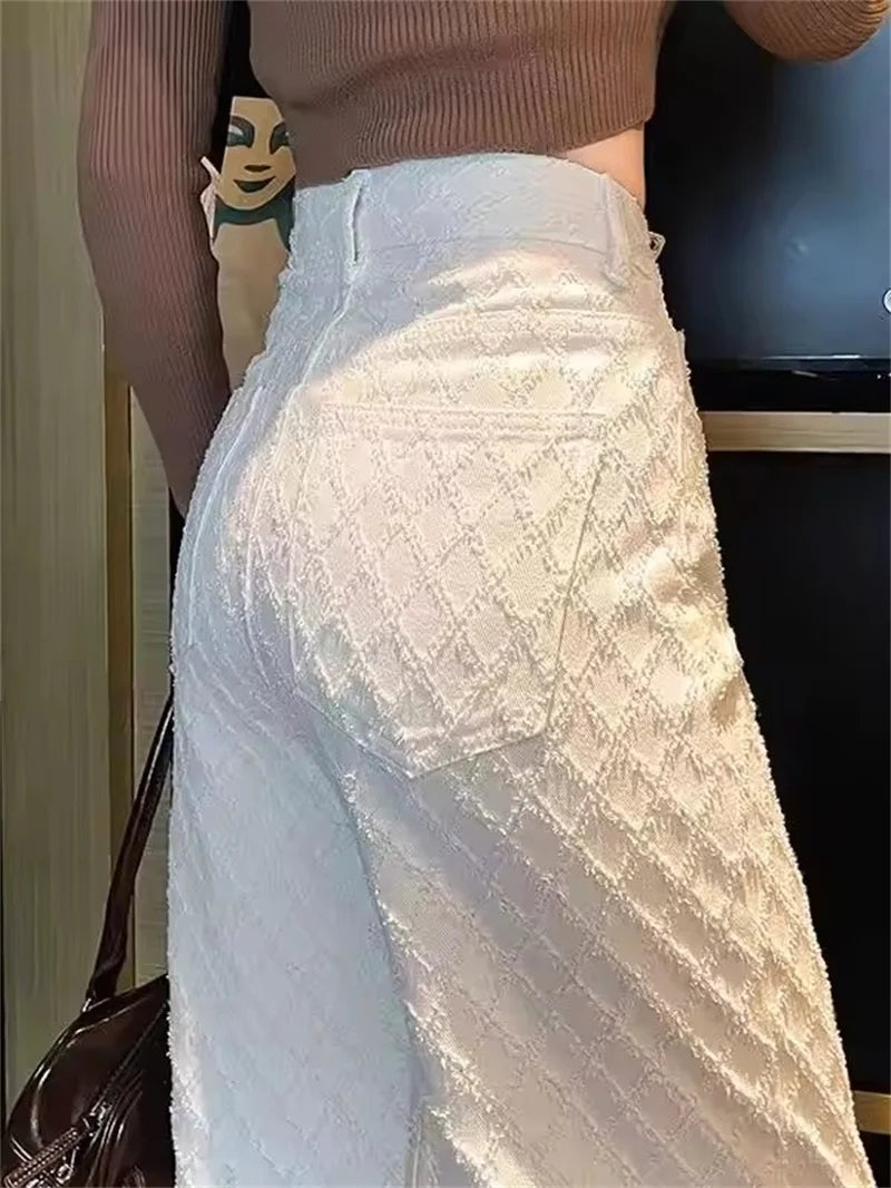 White Wide Leg Jeans Women's Spring Casual Trousers 2025 New Embroidery High Waist Loose Slimming Floor-Length Straight Pants