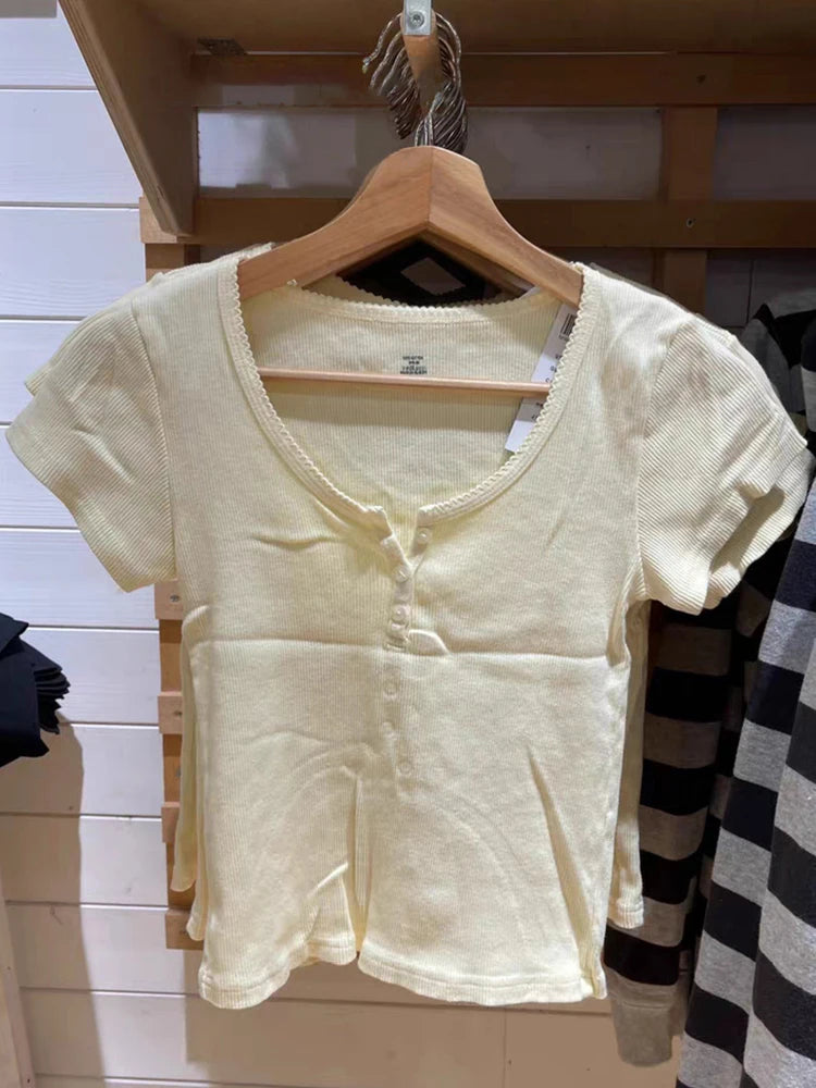 Sweet Lace Trim Button Ribbed T Shirt Cute Creamy Yellow O Neck Summer Cotton Short Sleeve Tees Casual Vintage Slim Crop Top Y2k