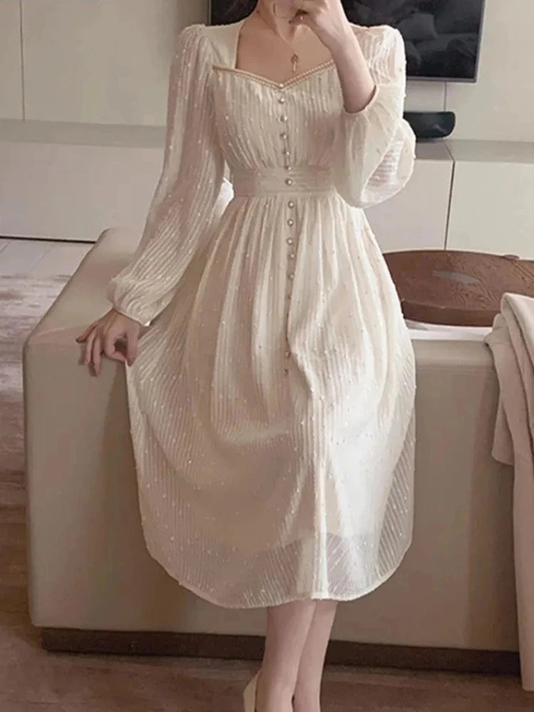 Autumn New Women Fashion Elegant White Midi Dresses Vintage Princess Female Party A Line Clothes Vestdios