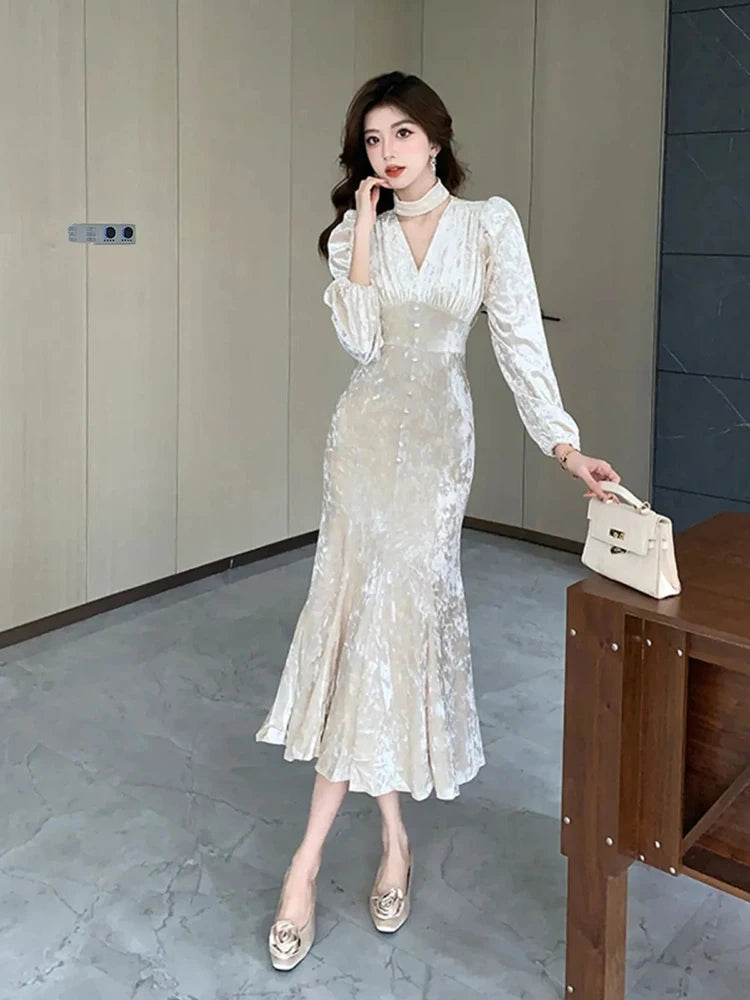Sexy V-Neck Long Sleeve Dress for Women Y2K Autumn Velvet Slim Midi Dress French Ladies Elegant Party Night Fishtail Vestidos