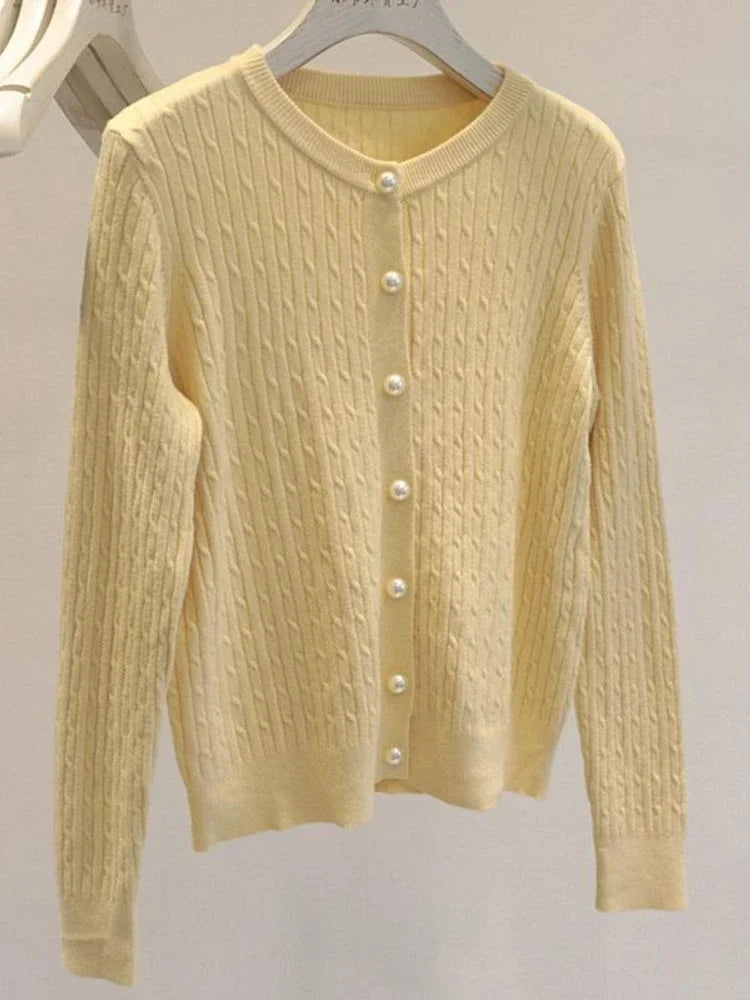 2025 Women Twists Knitted Sweater Korean Style Fashion Autumn Winter O-Neck Cardigan Casual Loose Long Sleeved Base Sweater