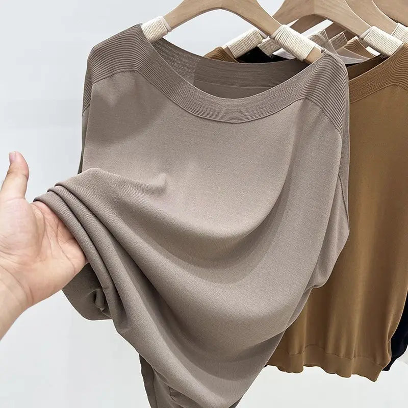 Simplicity Fashion Summer Thin Style Ice Silk T-Shirts Women's O-Neck Solid Screw Thread Casual Loose Short Sleeve Knitted Tops