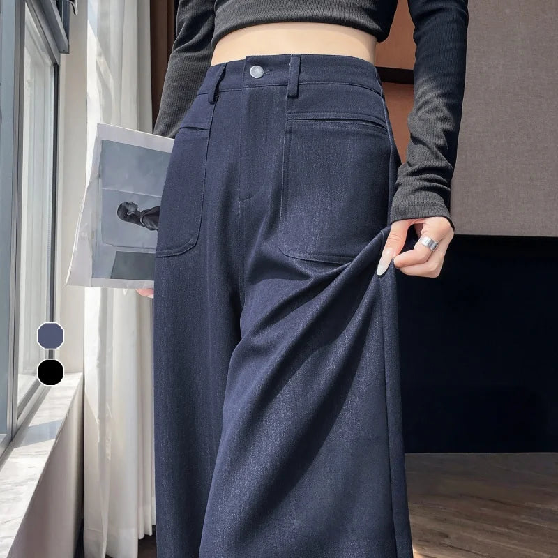 2025 New Autumn Vintage Denim Loose Women's Wide Leg Pants Spring High Waist Front Pocket Female Straight Full Length Trousers