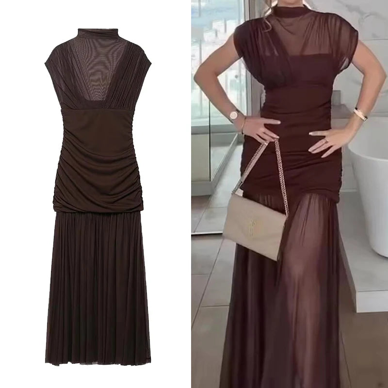 Gauze Wrinkle Splicing Long Dresses for Women Summer Backless Sexy Dress 2025 New Fashion Female Elegant Party Dresses