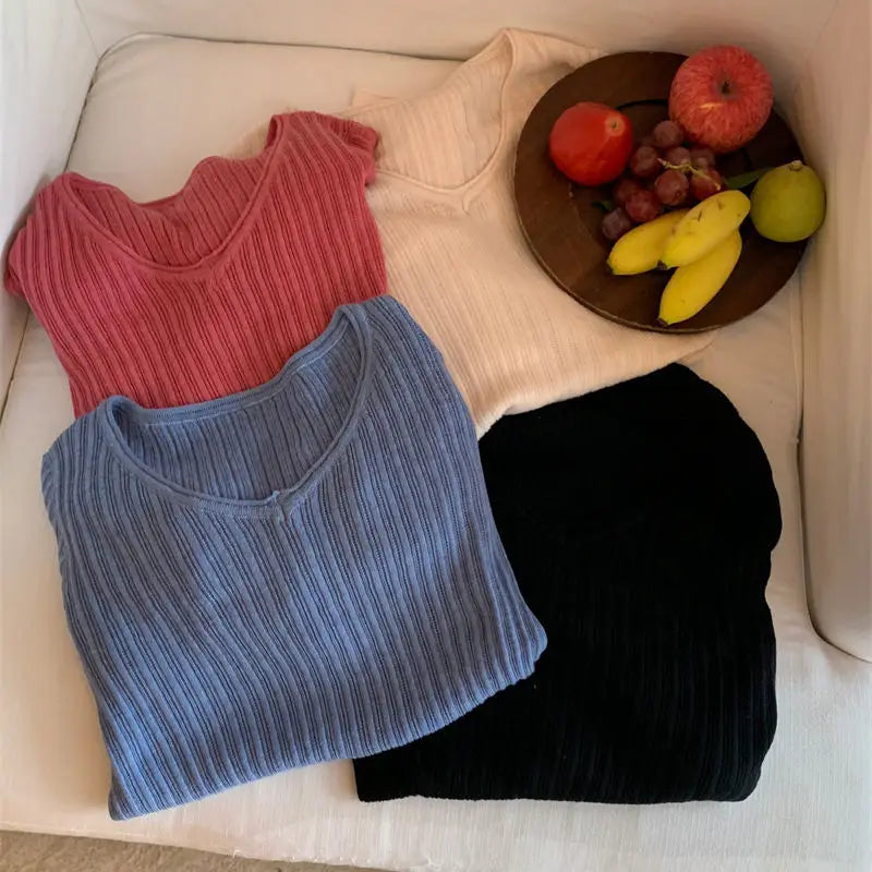 Women Clothes Spring Autumn Fashion Simplicity All-match Solid Color V-neck Ladies Young Style Appear Thin Lazy Wind Long Sleeve