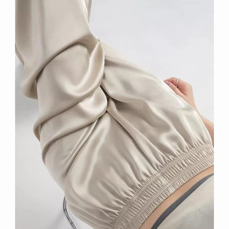 Summer Girls Thin Ice Silk Wide Leg Pants Female Casual High Waisted Straight Leg Trousers Lady Comfortable Satin Fabric Pants
