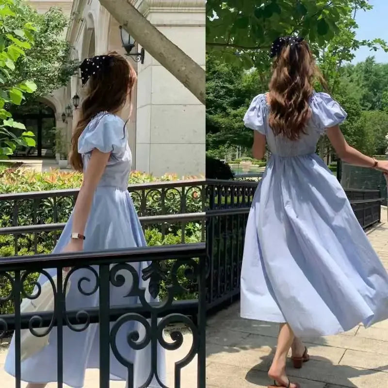 French Lantern Sleeve Dress Elegant Design Super Fairy Initial Long Skirt High Collar Ankle Length Short Sleeve Elastic Waist