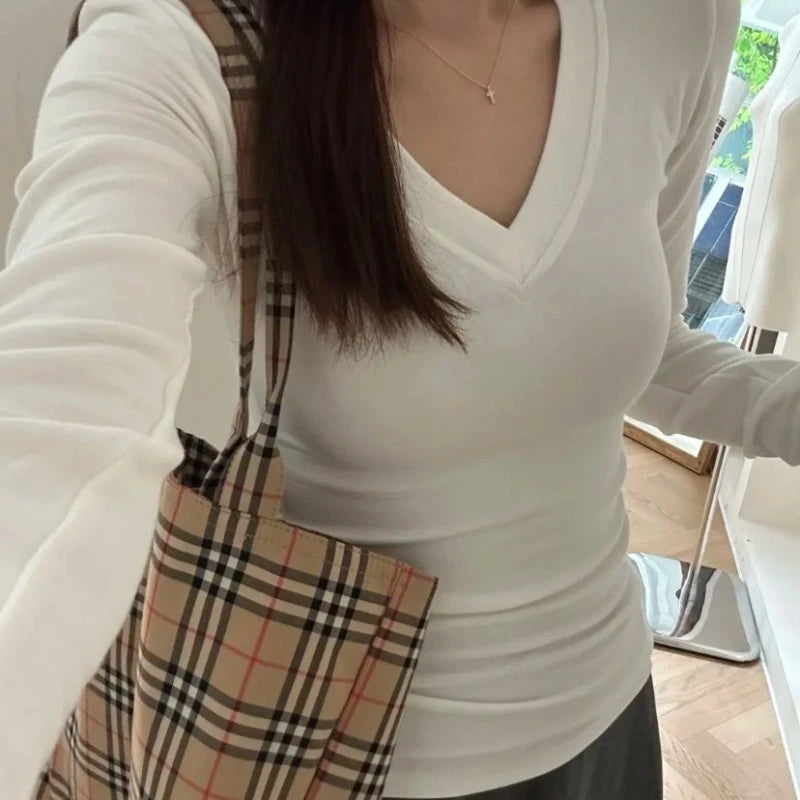 Autumn Winter New Fashion V-neck Long Sleeve Solid Bottoming Shirt Women's Clothing Korean All-match Button Simplicity ChicTops
