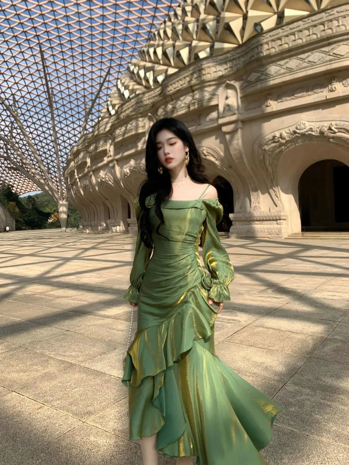 French One-shoulder Long-sleeved Versatile Solid Color Elegant Dress