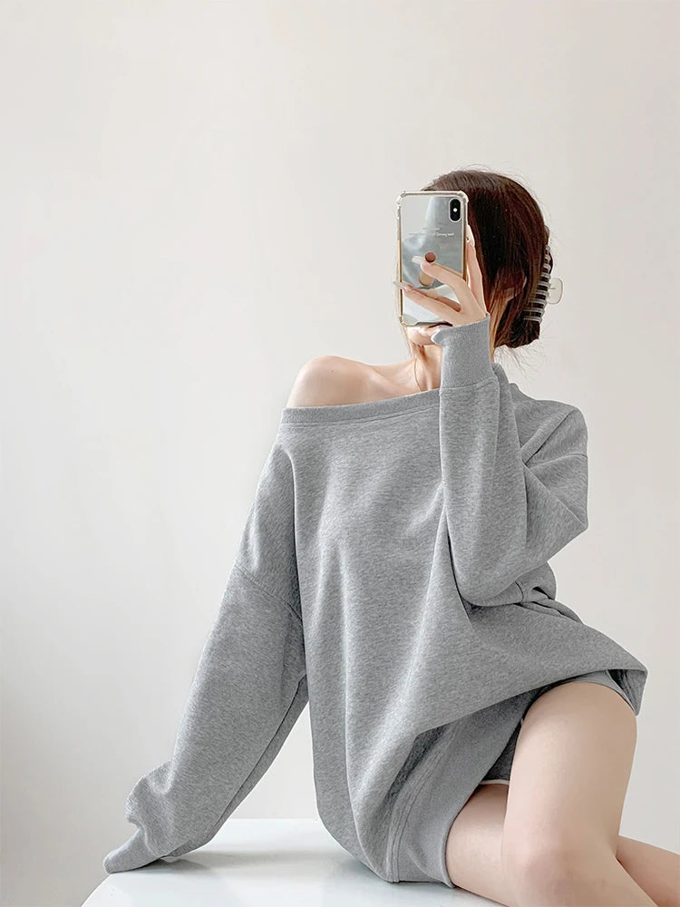 Casual Off Shoulder Y2k Hoodie Solid Loose Long Sleeve Harajuku Autumn Tops Women Sweatshirts Chic 2000s Streetwear Basic Style