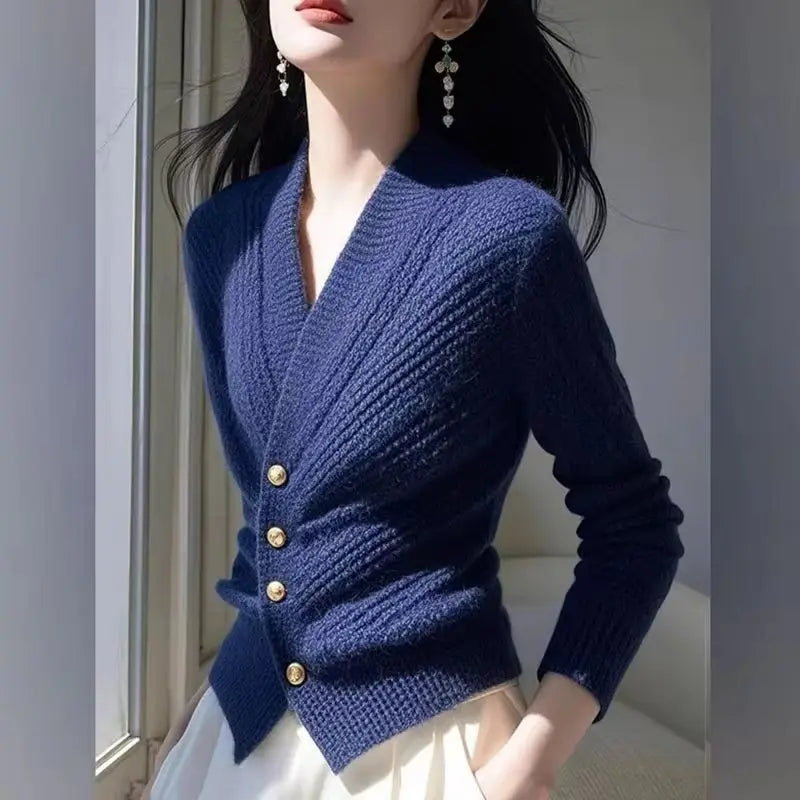 Autumn 2025 New Knitted Cardigan Women V-neck Sweater Ladies Casual Solid Temperament Waist Knitt Sweater Female Outwear