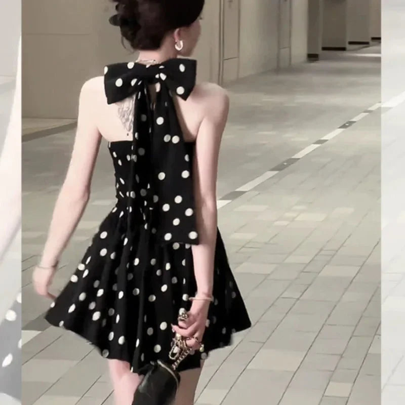 French Elegant Polka Dot Neck Hanging Dress Women's Slim Fit Waist Sexy A- Line Skirt Mini Dress Summer New Style Casual Wear