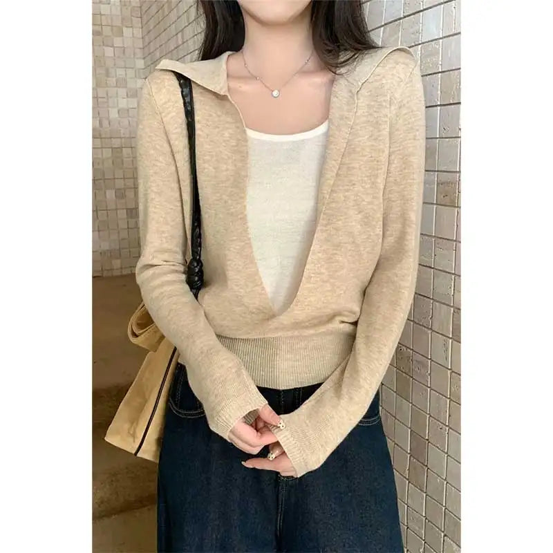 Women Clothing Spring Autumn Fashion Casual Patchwork Solid Color O-neck Female Knitting Fake Two Pieces Long Sleeve Pullovers