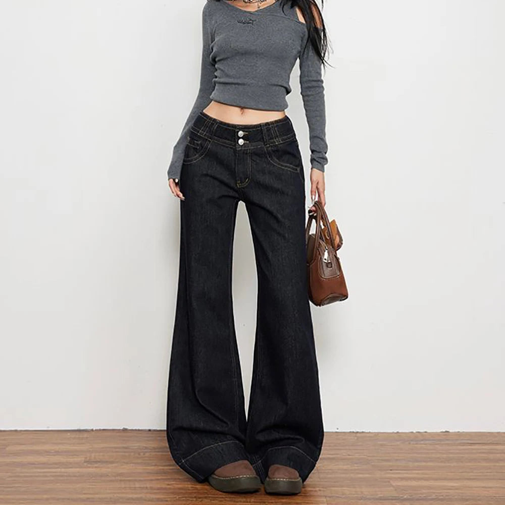 Casual Style Flared Jeans Vintage Punk Aesthetic Emo Loose Pants 2025 Autumn Women Solid Y2K Wide Leg Denim Trouser
