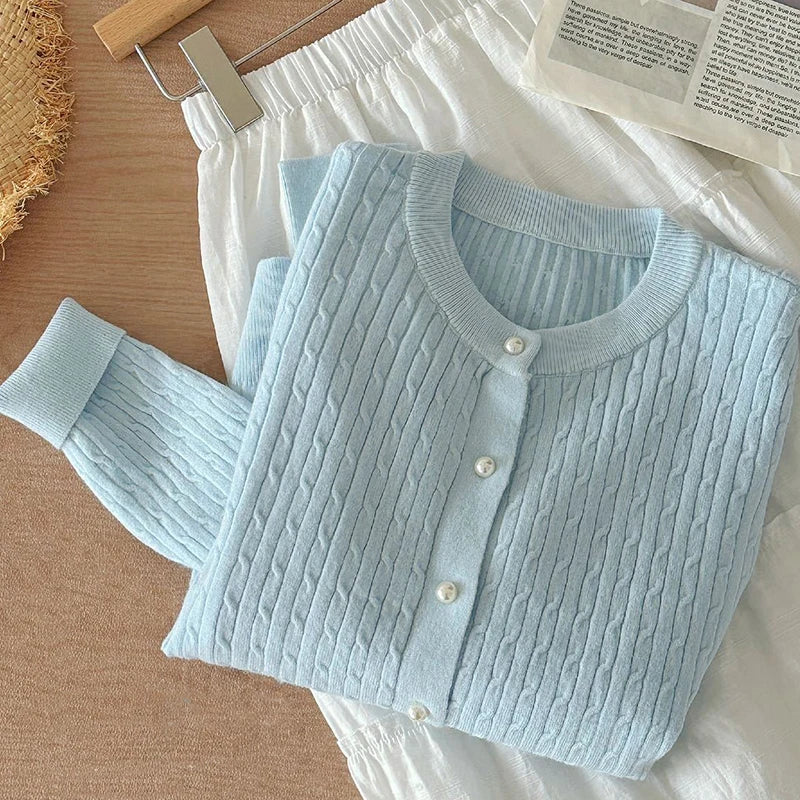 Elegant Long Sleeve Knitwear Tops Women Autumn Winter Single Breasted Sweater O Neck Thick Warm Knitted Cardigan Female