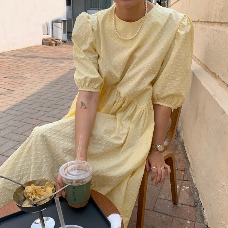 2025 Summer Women White Elegant Long Dress Casual O-neck Puff-Sleeve Dots Female Dress Ladies Loose Vestidos 9941