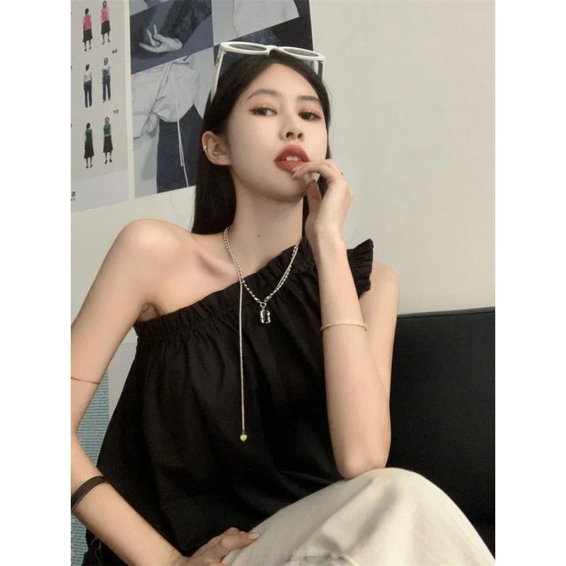 Women Clothing Summer Fashion Casual Jacquard Solid Color Diagonal Collar Sleeveless Female Temperament Appear Thin Loose Tops