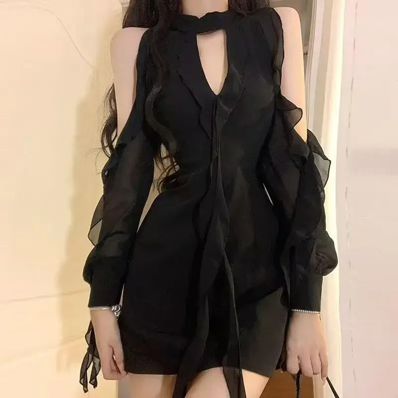 Blackoff-The-Shoulder Halter Neck Dress Women's Summer Slimming Chiffon Patchwork Dress for Aesthetic Smooth Silhouette