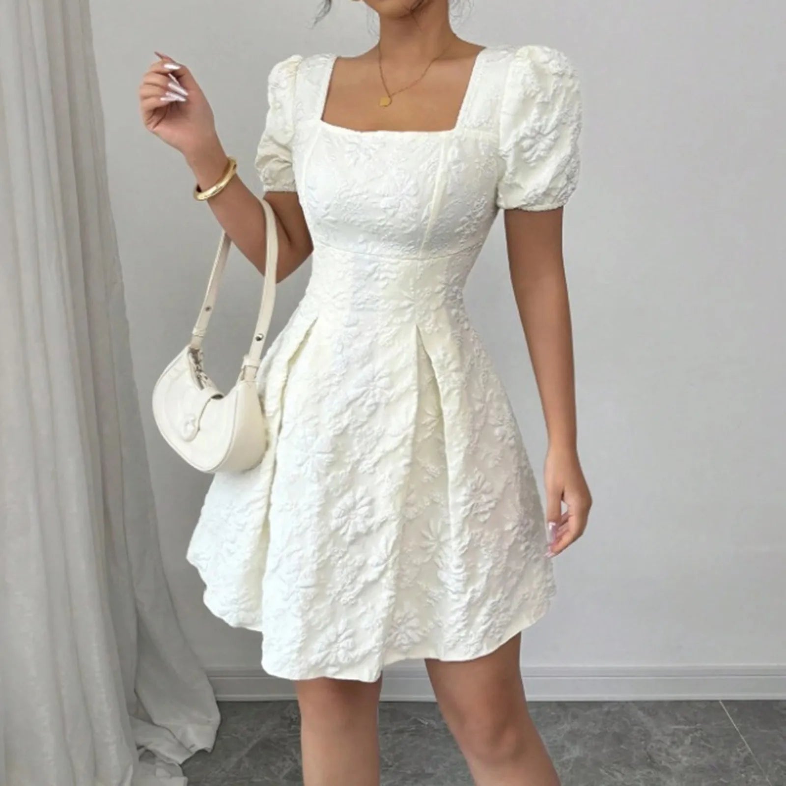 Summer Women's Fashionable Pure White Square Neck Short Sleeved Dress Korean Version High Waist Streetwear A-line Skirt