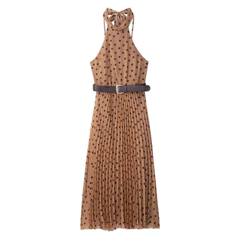 Women's Dress New Summer 2025 Camel Polka Dot Halterneck Collar with Belt Embellished Midi Dress Long Dress Sexy and Fashionable