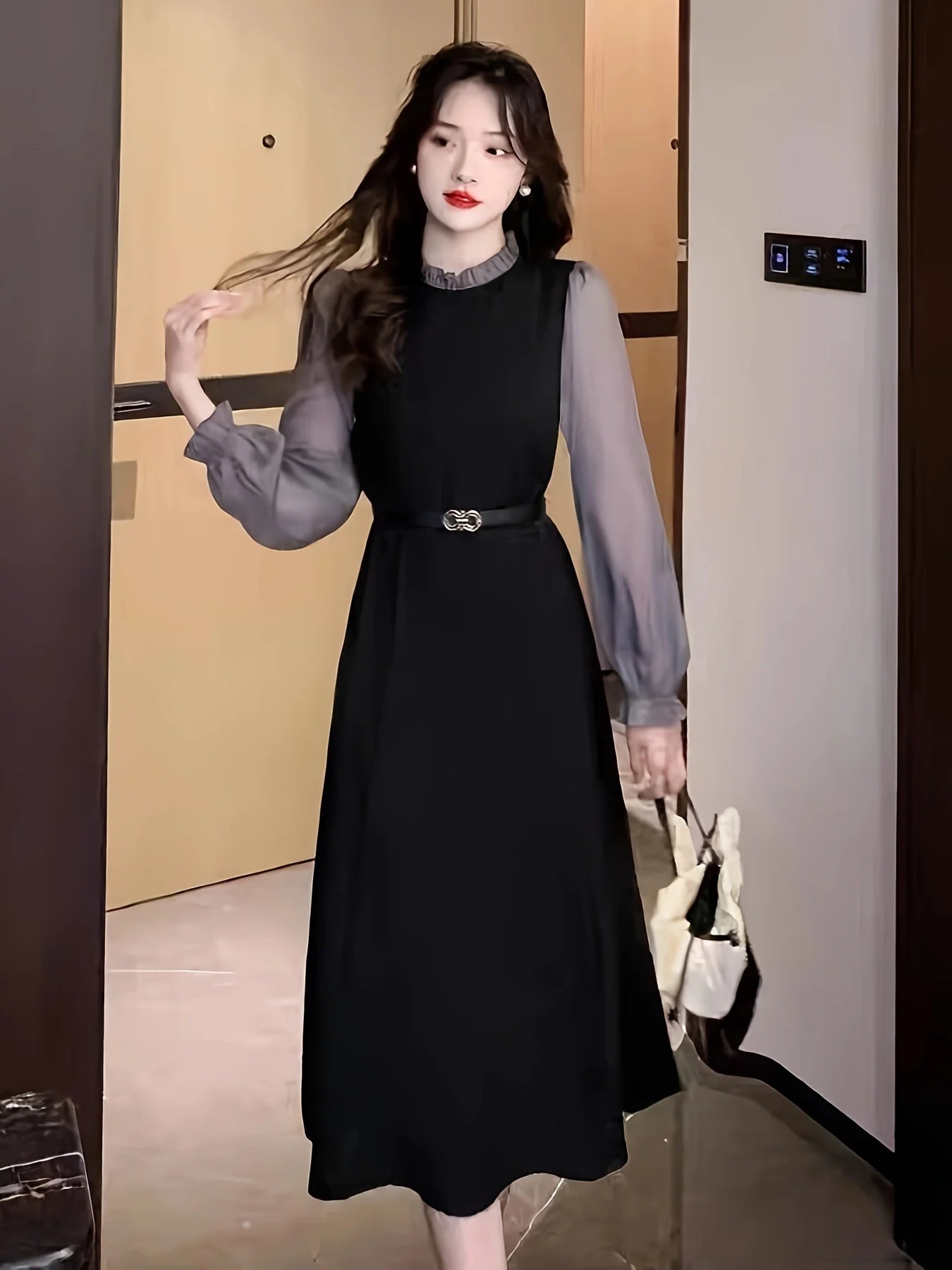 Color Block Lettuce Trim Dress, Elegant Long Sleeve Midi Dress, Women's Clothing