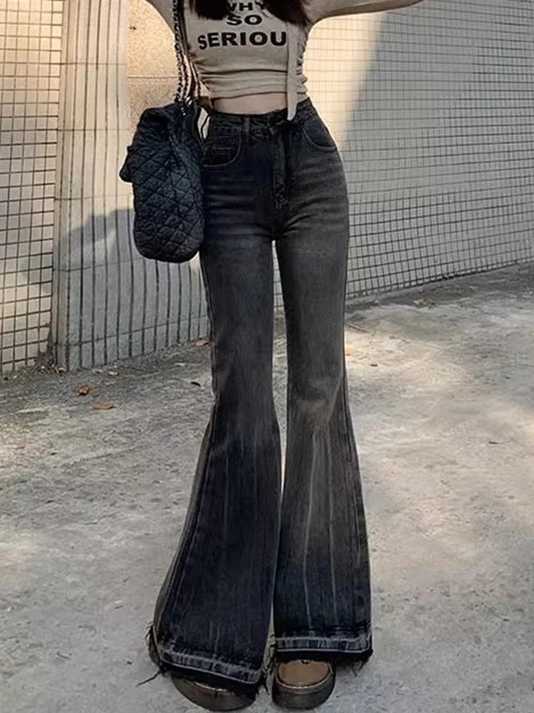 Burr Edge Design Vintage Flare Jeans High Waist Korea Casual Skinny Denim Pants New Women Streetwear Strecth Boot Cut vaqueros
