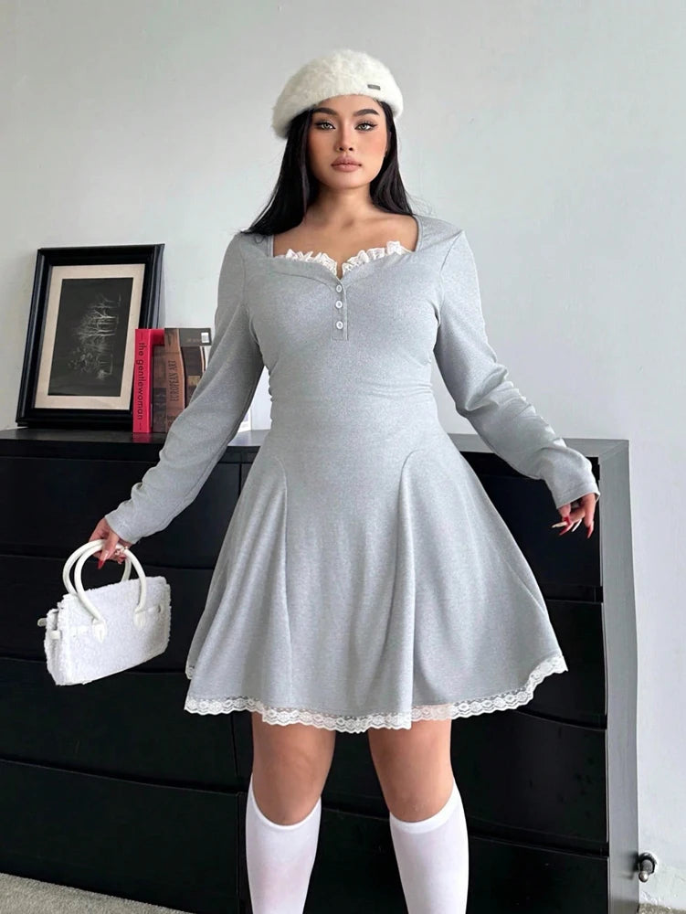 Plus Size Autumn New Long Sleeve Slim Waisted Temperament Pure Desire Spicy Girl A-line Short Dress Pure Elegant Colour