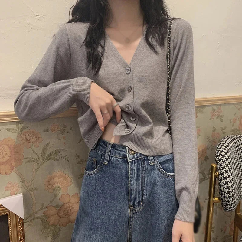 2025 V Neck Button Down Knit Lady Autumn Spring Knitted Single-breasted Sweaters Women's Long Sleeve Cropped Cardigan
