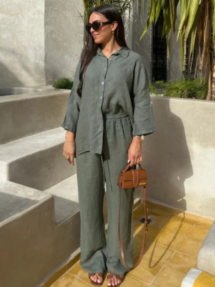 Women's Suit Solid Cotton Linen Two Piece Set Spring Summer Fashion Button Shirt + Pants Sets Casual Loose Style 2 Piece Outfit