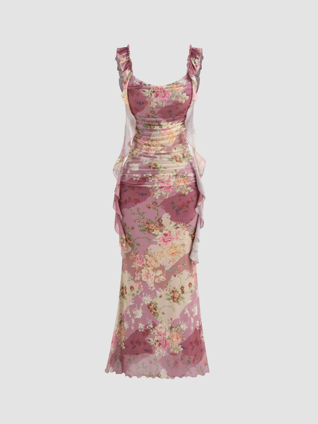 Ladies Pink Floral Print Square Neck Slim Long Dress with Ruffle Strap Lace Decoration  Romantic And Elegant Women's Dress