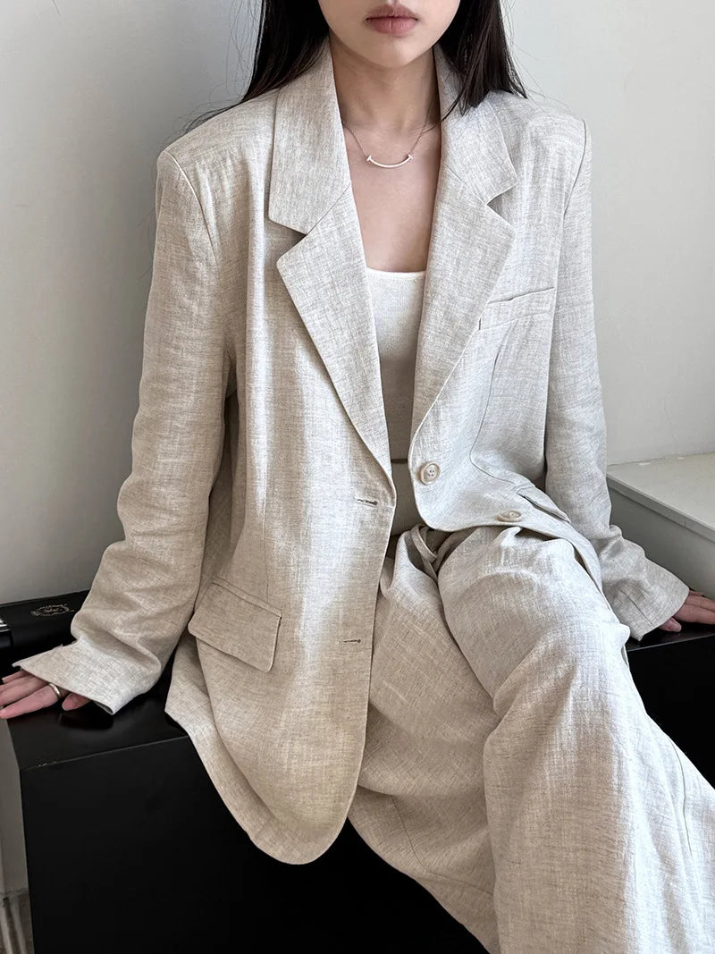 Autumn Hig-end Linen Material Blazer Jacket Sets Women 2025 Summer New Loose Wide Leg Casual Pant Ladies Clothing Office Lady