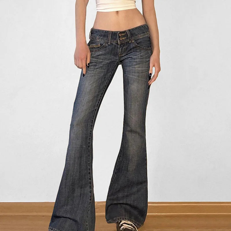 American Retro Low Waisted Washed Jeans Women Streetwear Y2K Slim Fit Flared Pants Mujer Fashion Button Pockets Denim Trousers