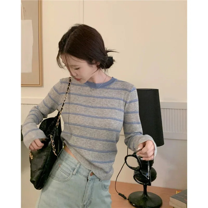 Spring Autumn Casual O-neck Thin Soft Slim Knitted Pullovers Women's Clothing Fashion Striped Elastic Vintage Basics Tops