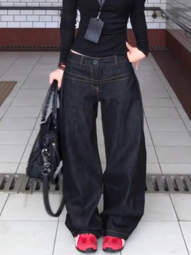 WCFCX STUDIO Vintage Washed Wide Leg Jeans Women High Waist Baggy Y2K Denim Pants Lady Streetwear Casual Straight Trousers