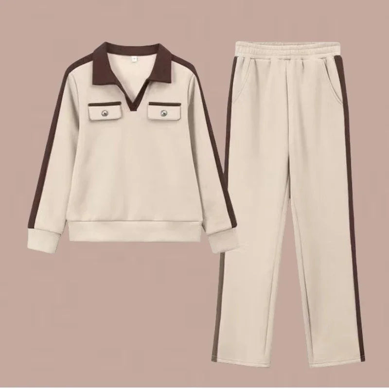 Long-sleeved Pullover Contrasting Women's Pullover Top Casual Fashionable Wide-leg High-waisted Trousers Casual Suit